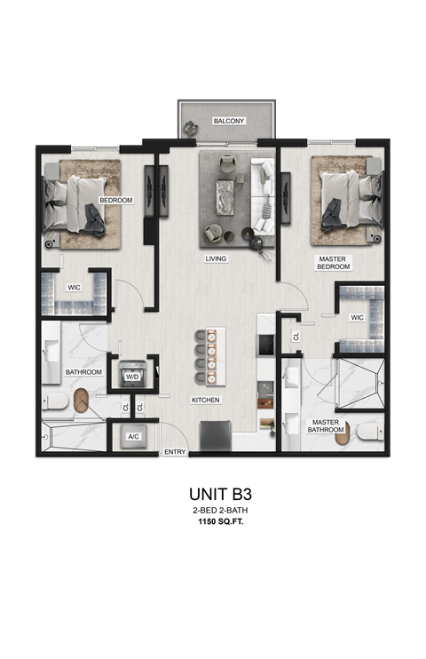 Floor plan for 2 beds, 2 baths, 1150 sqft